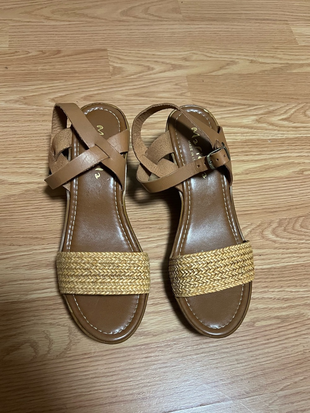 MARELLA Tan Braided-Front Ankle Strap Sandals